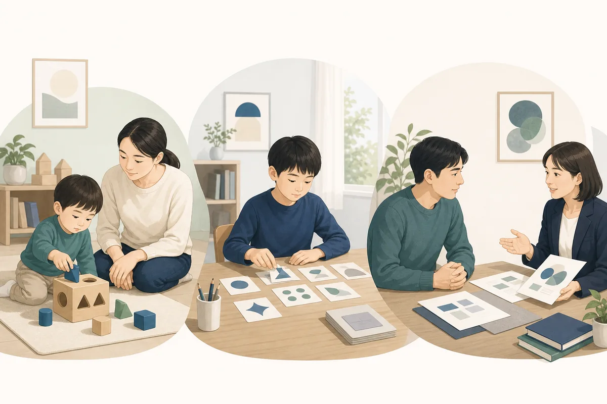 幼児、学齢期の子ども、大人で知能検査の選び方が変わることを示すイラスト