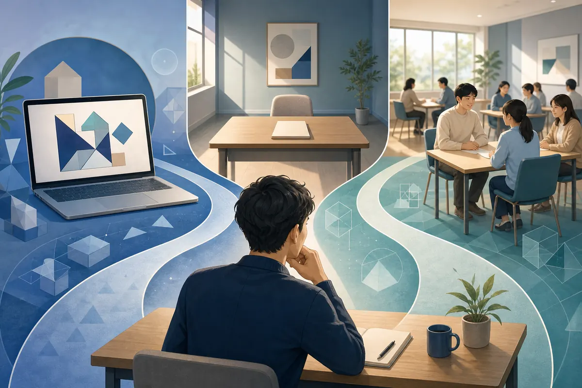 オンライン、専門機関、メンサのIQテスト受検ルートを比較するイラスト